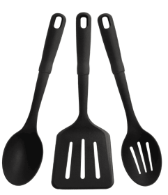 3-Piece Kitchen Utensil Set, Slotted Spatula, Slotted Spoon and Solid Spoon, Black, Nylon