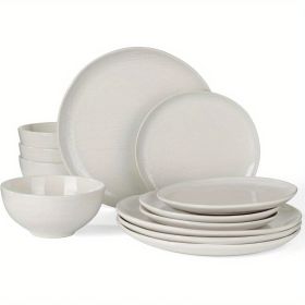 Moonlight Plates and Bowls Sets, 12 Pieces Stoneware Dinnerware Sets with Linen Finish, Handmade Dishware Set for 4, Microwave and Dishwasher Safe